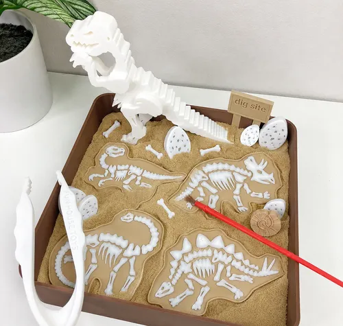 Fun House Toys Dinosaur Fossil Dig Sensory Bin with T-Rex skeleton, excavation tools and buried fossils