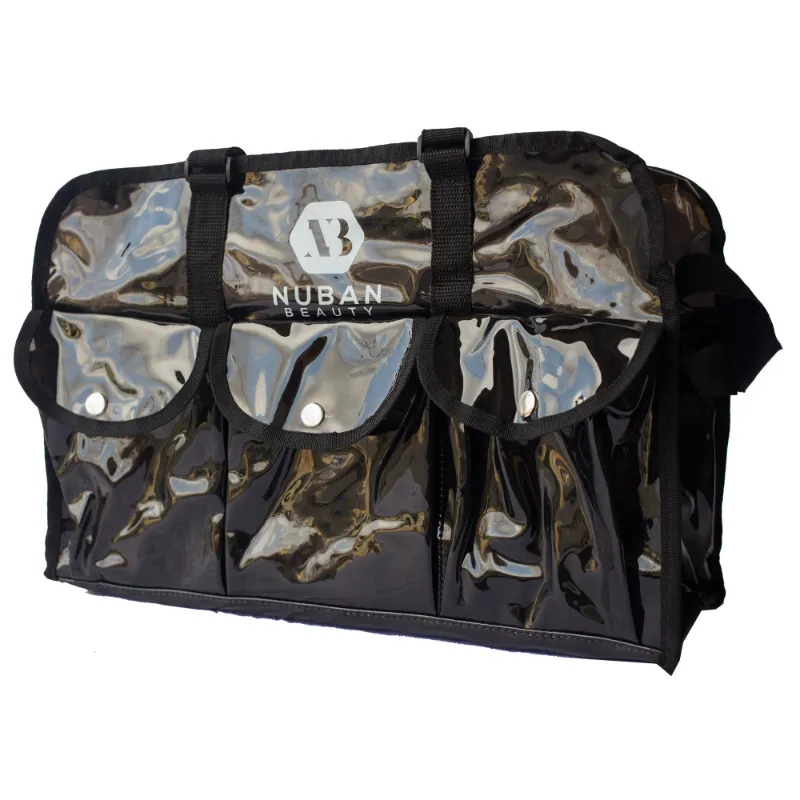 Nuban Beauty dark vinyl set makeup bag with external pockets and shoulder strap