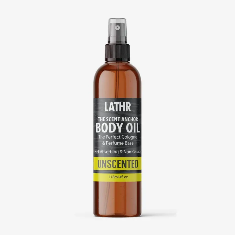 LATHR Base unscented body oil bottle for layering under cologne