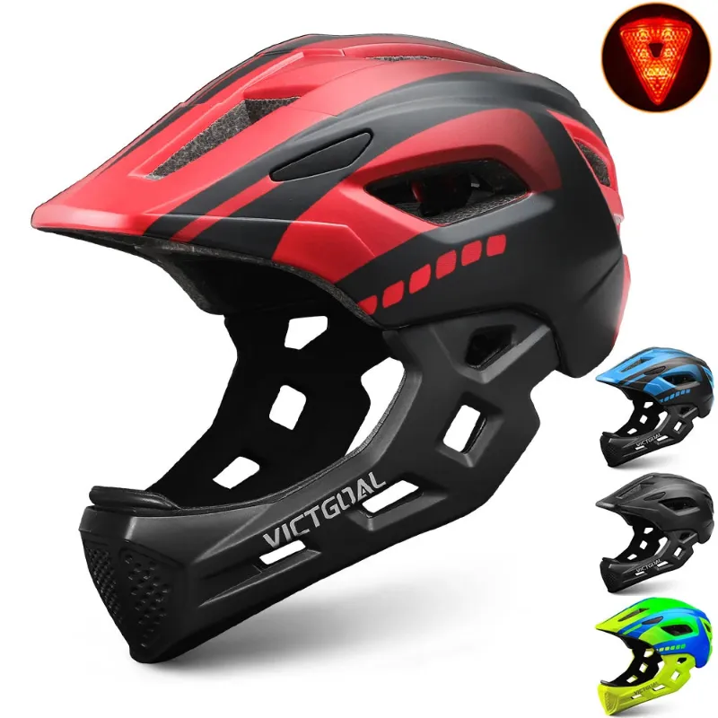 PUPU Sports Kids Full Face Helmet with LED Tail Light Detachable MTB Cycling Helmet in bright color with protective chin guard