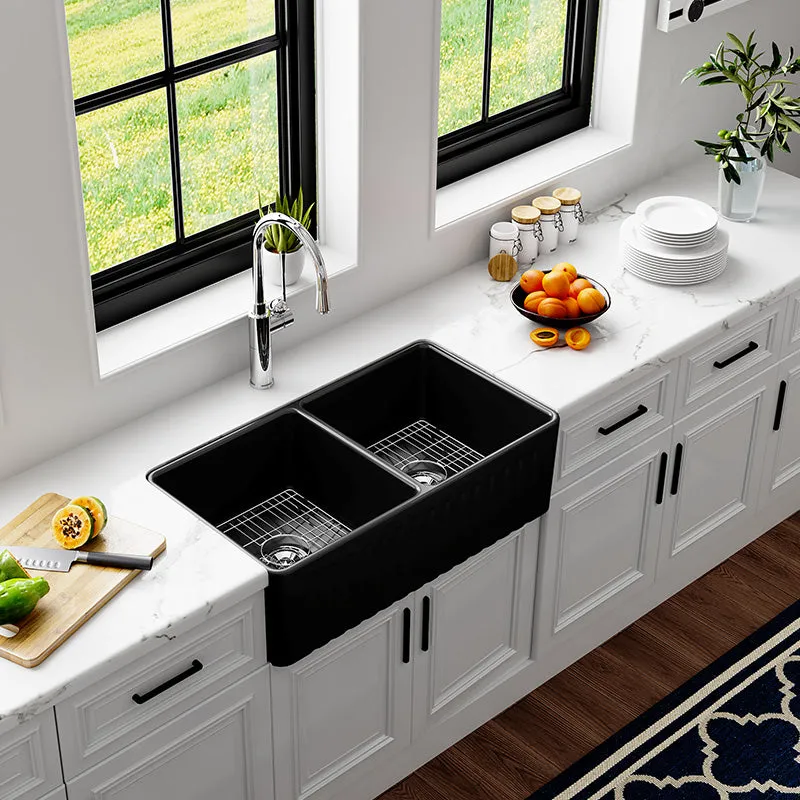 HOROW 33 Inch Farm Kitchen Sink Double Basin Fireclay matte black farmhouse sink with drainboard