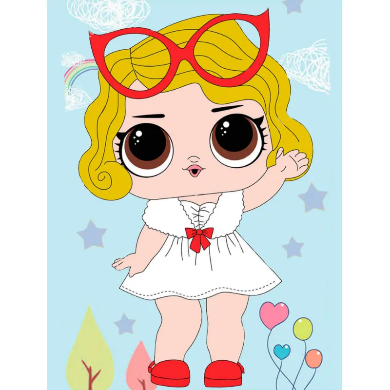Varvikas 5D Diamond Painting Little Girl with Glasses, small canvas showing cartoon girl with red glasses and whimsical balloons