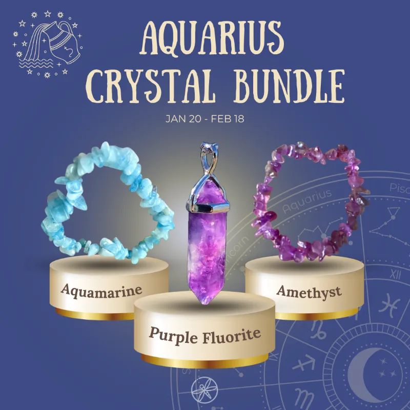 Turix Aquarius Zodiac Crystal jewelry set with two bracelets and purple fluorite pendant necklace