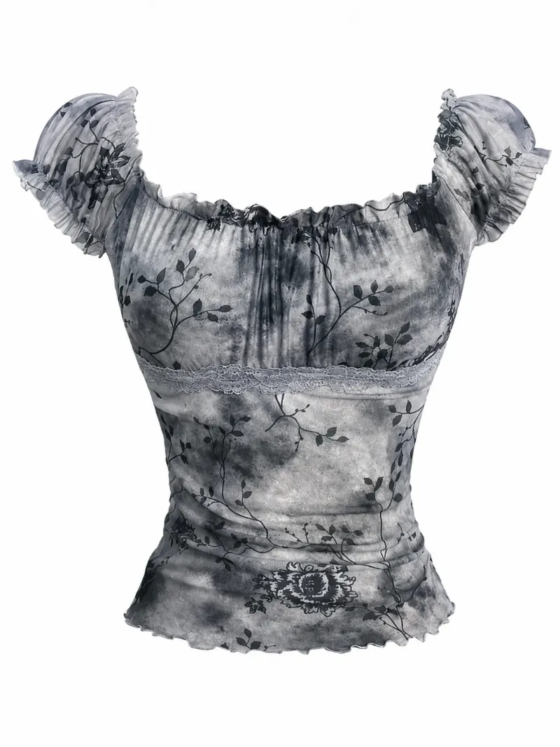 Cottagecore Clothes Dark Cottagecore Ashen Floral Ruffle Top in grey mesh with botanical print