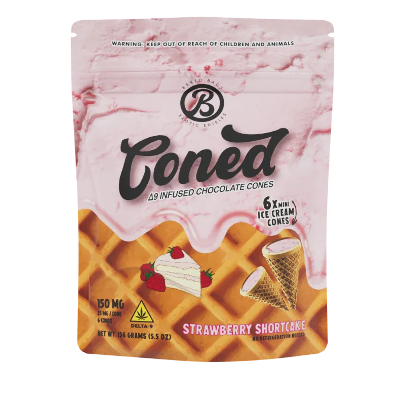 Baked Bags CONED Strawberry Shortcake mini waffle cones filled with strawberry chocolate and Delta-9 THC