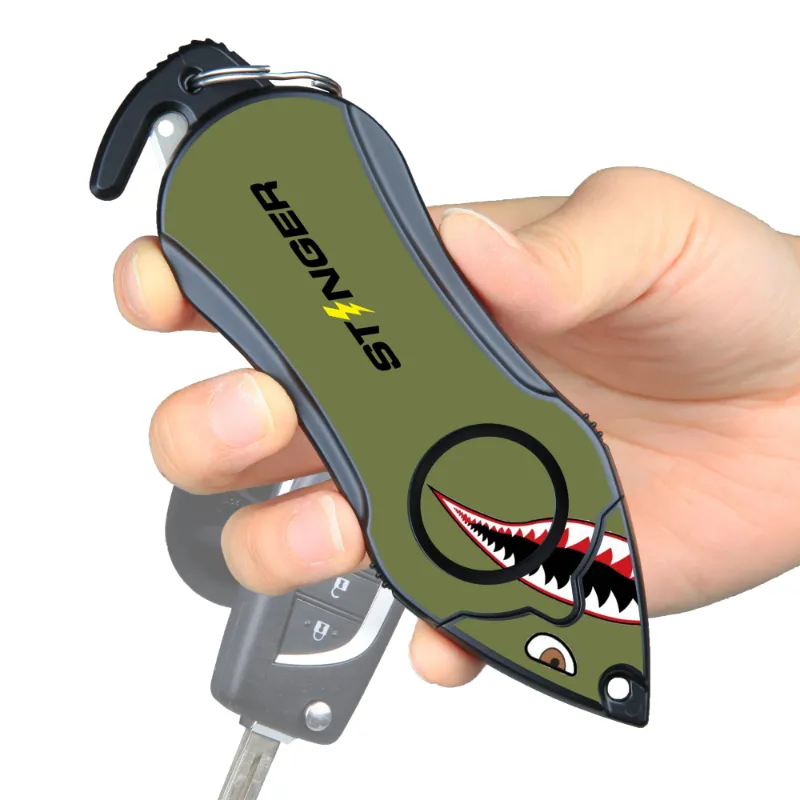 The Stinger Tools Stinger Personal Safety Alarm Keychain in Shark design showing siren, cutter, and glass breaker