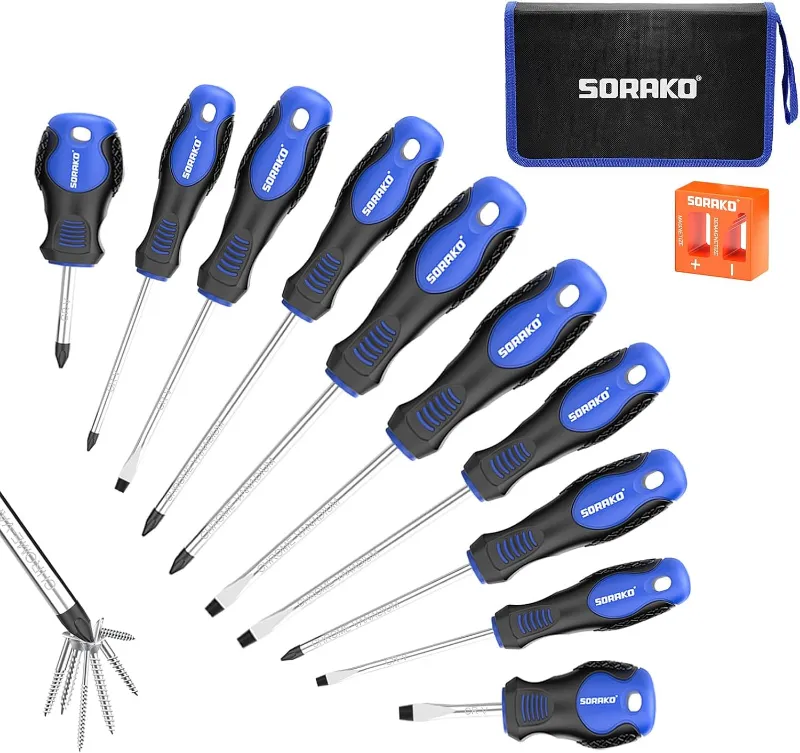 SORAKO 11 PCS Magnetic Screwdriver Set with Magnetizer, screwdrivers with non-slip handles in storage case