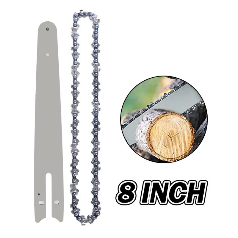 NewBeny set of steel chains and guides for cordless saw, close-up of chain links and metal guide plates
