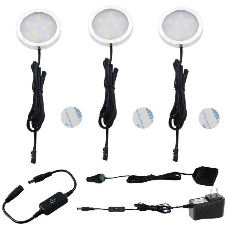 AIBOO Under Cabinet LED Puck Lighting Kit with Touch Dimmer Switch for Kitchen Cupboard Closet Lighting, 3 puck lights shining under a cabin