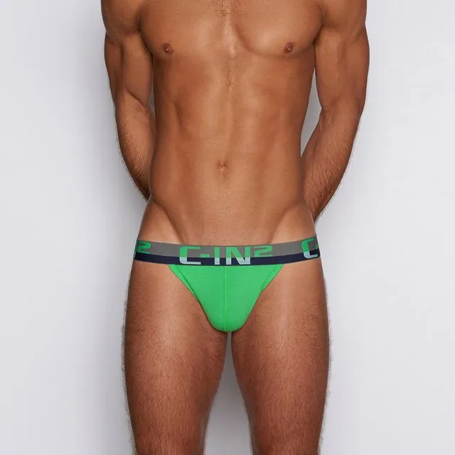 C-IN2 C-Theory Thong Godfry Green, front view showing waistband and contour pouch