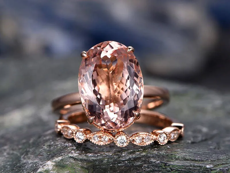 WillWork Jewelry 11x14mm pink morganite engagement ring handmade 14k rose gold with diamond band
