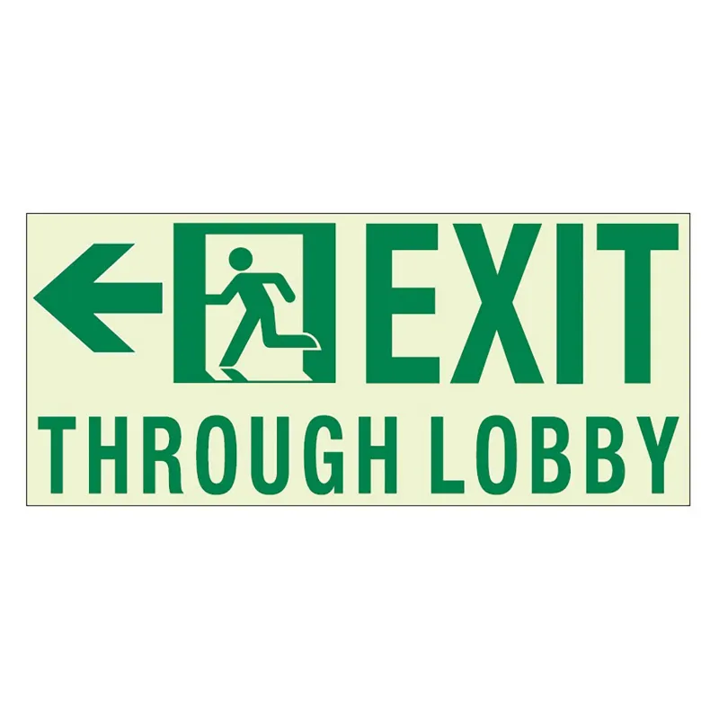 ComposiGrip THROUGH LOBBY EXIT Sign wall-mounted photoluminescent exit sign with running man and left arrow