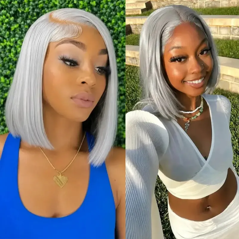 Hairsofly Shop (Mission) Silver Grey Bob Human Hair HD Lace Front Wig, straight silver grey bob on 13x6 HD transparent lace