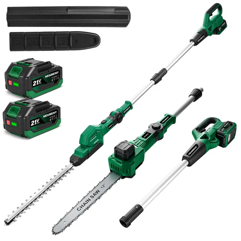 NewBeny 21V Brushless Cordless 12" Pole Saw and Pole Hedge Trimmer Combo extended