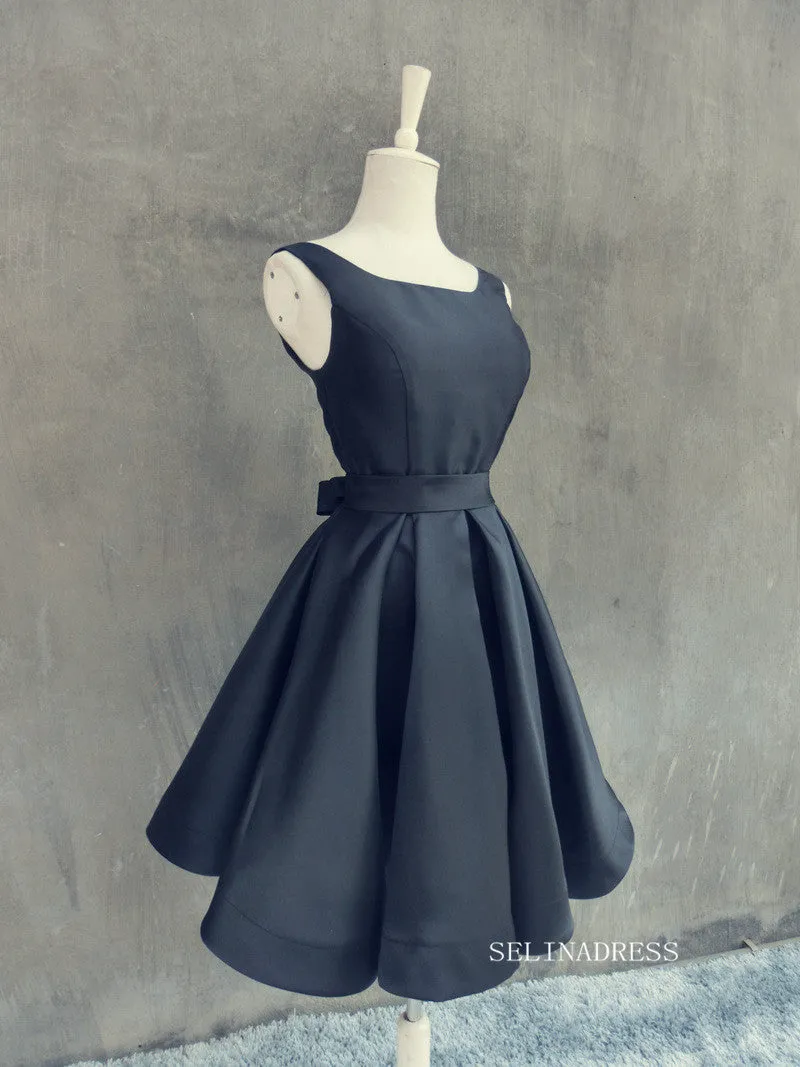 Selinadress A-line Bateau Black Homecoming Dress With Bow Satin Short Prom Dresses EDS033 black satin dress with bow