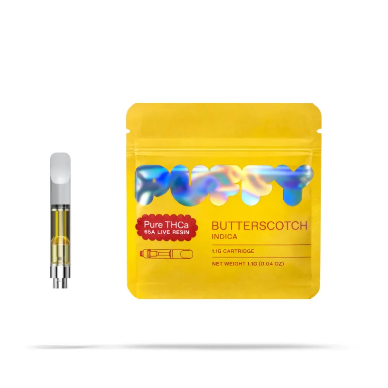 Hipuffy Butterscotch Pure THCa Live Resin Cartridge showing vape cartridge filled with golden concentrate