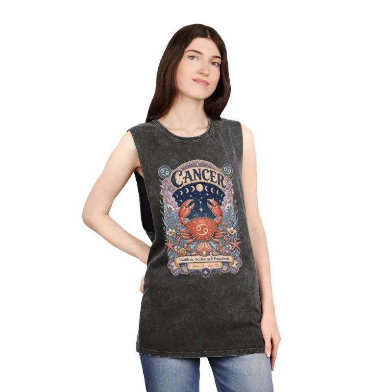 Spirit Nest Cancer Zodiac Stonewash Tank Top with cosmic crab artwork and raw-edge sleeves