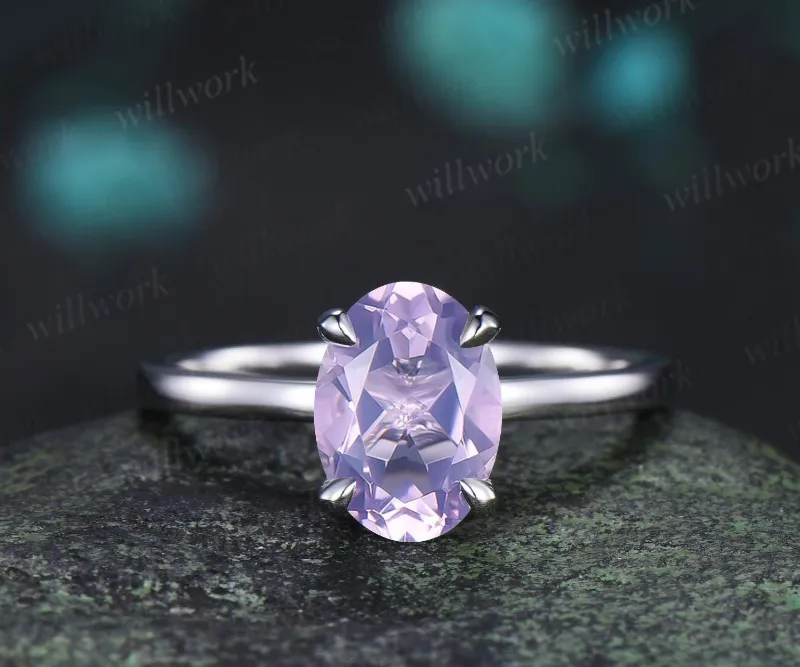 WillWork Jewelry 2ct oval cut Lavender Amethyst engagement ring, solitaire minimalist claw prong