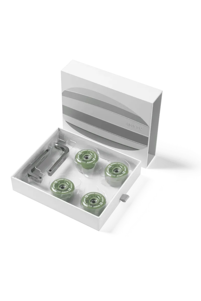 4MYTU Palette Wheels in Matcha Green showing wear-resistant PU material and dual bearings