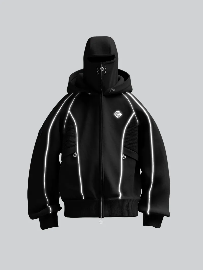 ARNTREAL Eclipse Hoodie black oversized hoodie with reflective embroidery and integrated balaclava
