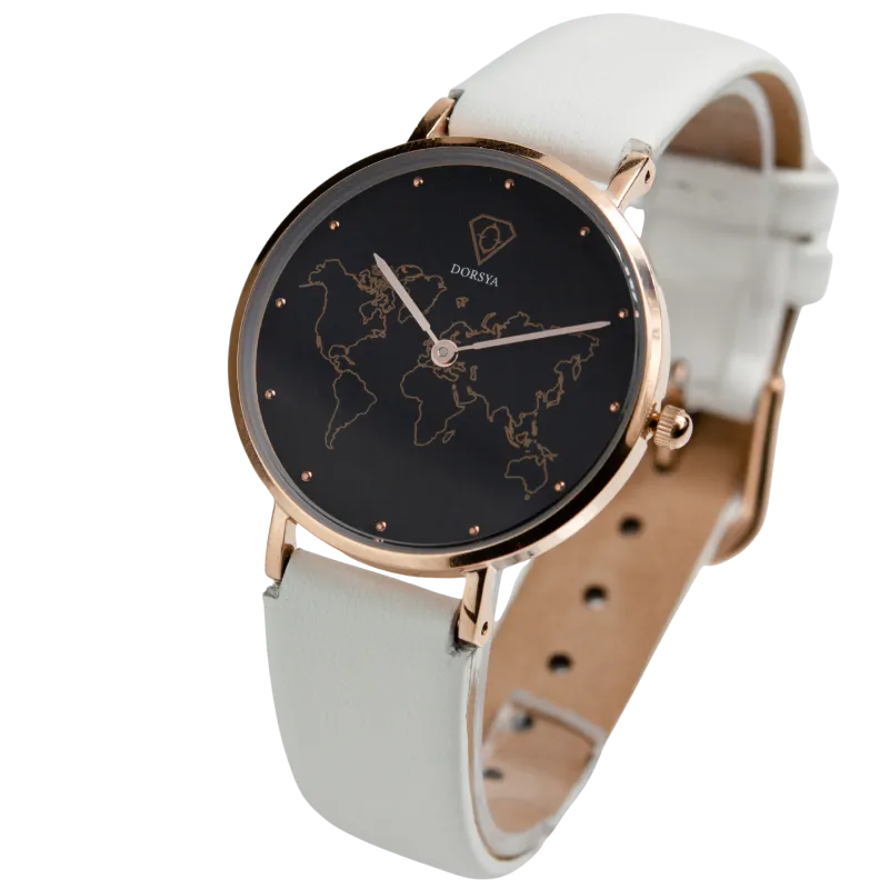 DORSYA Apollo Rose Gold World Map Watch with white leather strap and black dial