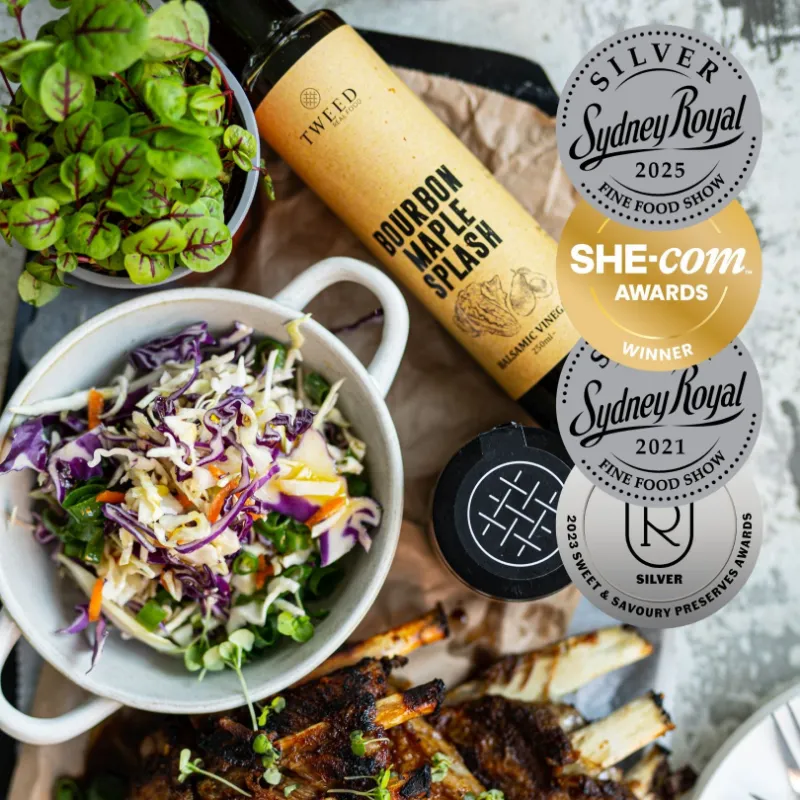 Tweed Real Food Bourbon Maple Splash Balsamic Vinegar, a bottle of sweet and tangy Australian balsamic