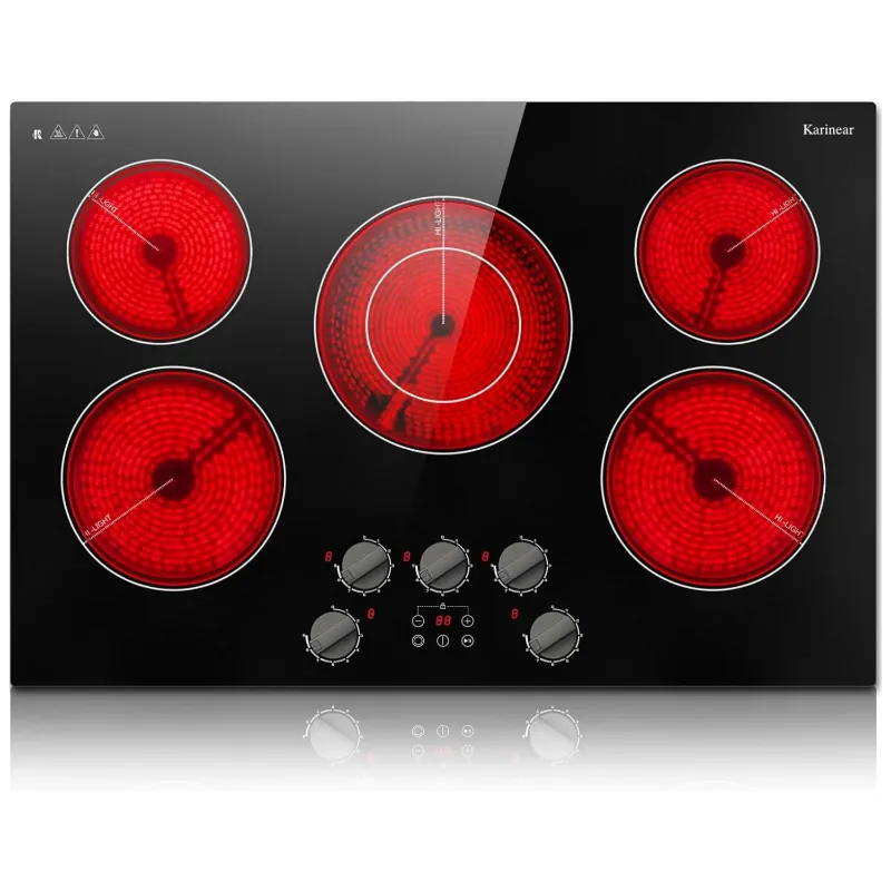 Karinear Appliances 30 Inch 5 Burner Electric Cooktop With Knob & Touch Control 8500W, black glass surface with dual knob and touch panel