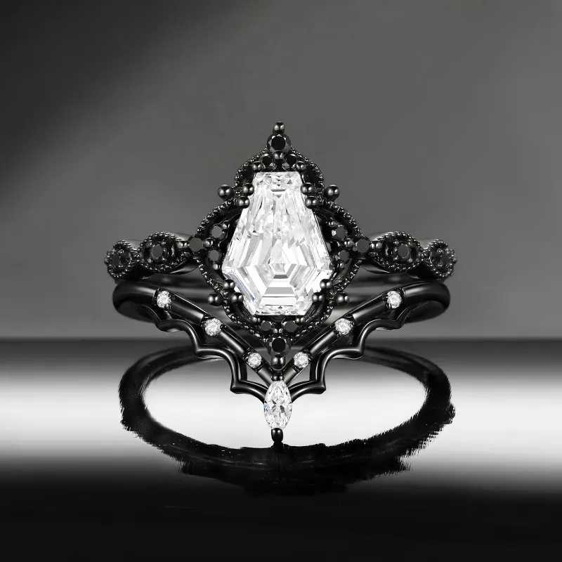 Starlandus 'Bat's Whisper' Gothic IGI Certified Coffin Lab Diamond Alternative Bridal Engagement Ring Set with Bat Wings in Black Gold