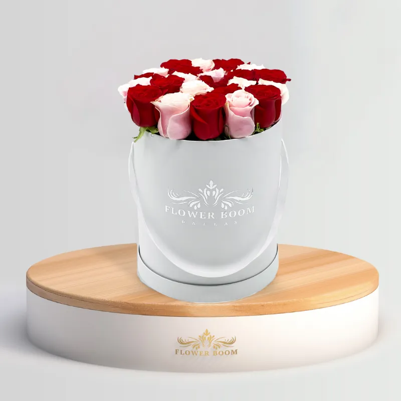 Flower Boom Dallas Classic Blush And Red Rose Box with pink and red roses in signature box