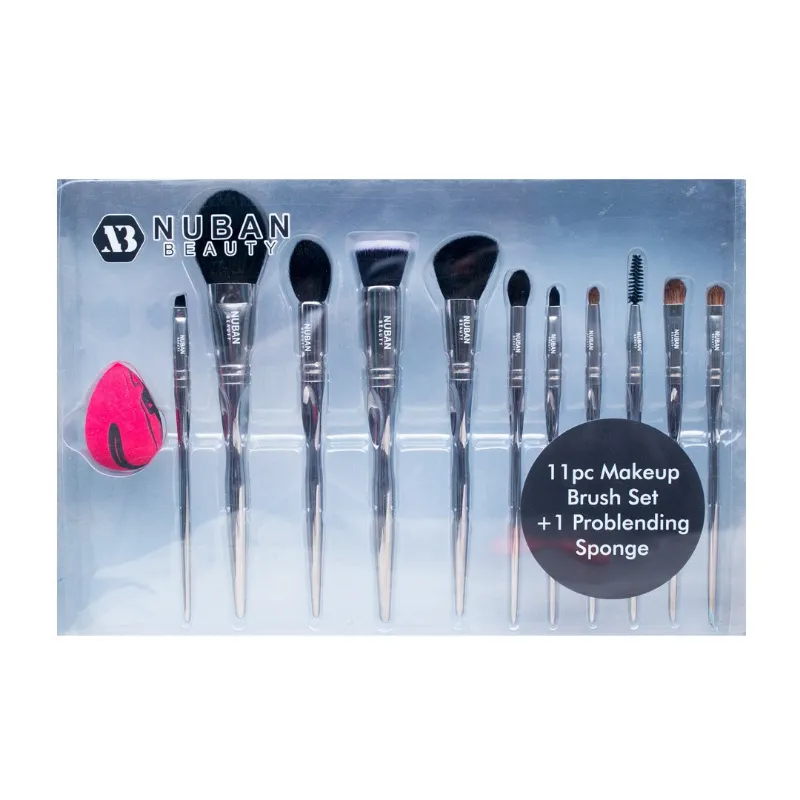 Nuban Beauty 11pc Makeup Brush and Pro Blending Sponge Set laid out with all brushes and sponge