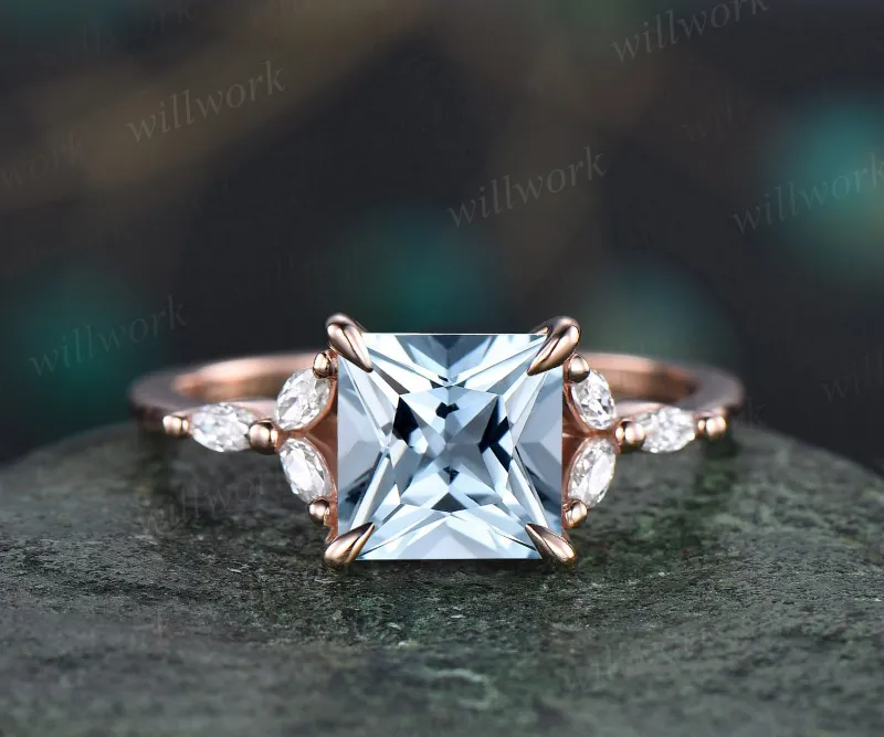 WillWork Jewelry 2ct Princess cut aquamarine aquamarine engagement ring rose gold unique cluster engagement ring art deco diamond promise we