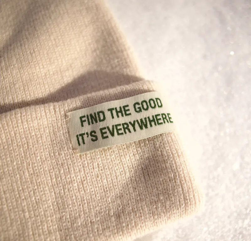 Find The Good Brand FTG Tagged Beanie in warm acrylic knit with hand stitched hem tag