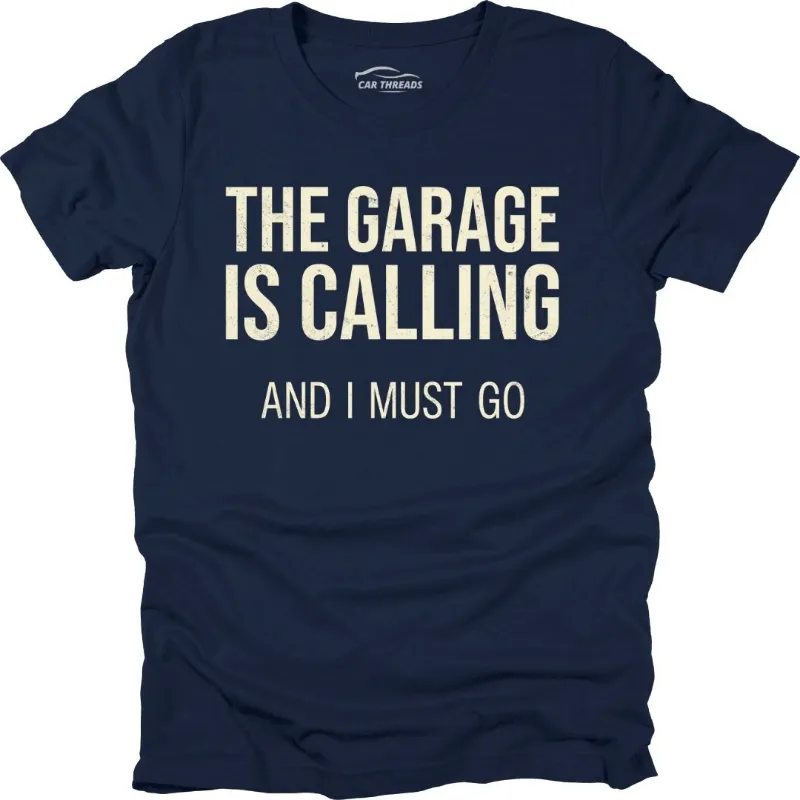 Car Threads Garage is Calling t-shirt, product photo of the bold print design