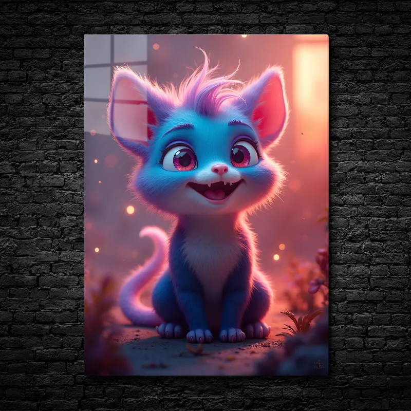 CruArt Sparkle Paws Metal Print featuring playful blue furry creature with glowing eyes and pink accents