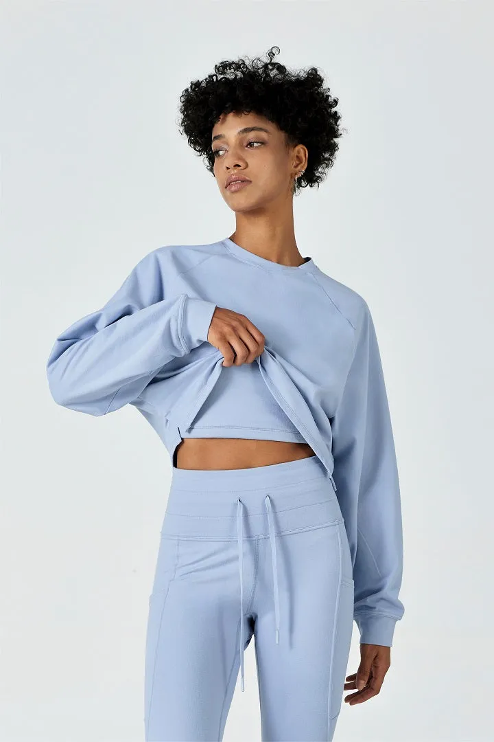 SALTUM CloudFleece™ Cropped Crew Pullover in soft brushed fabric with ribbed cuffs and hem