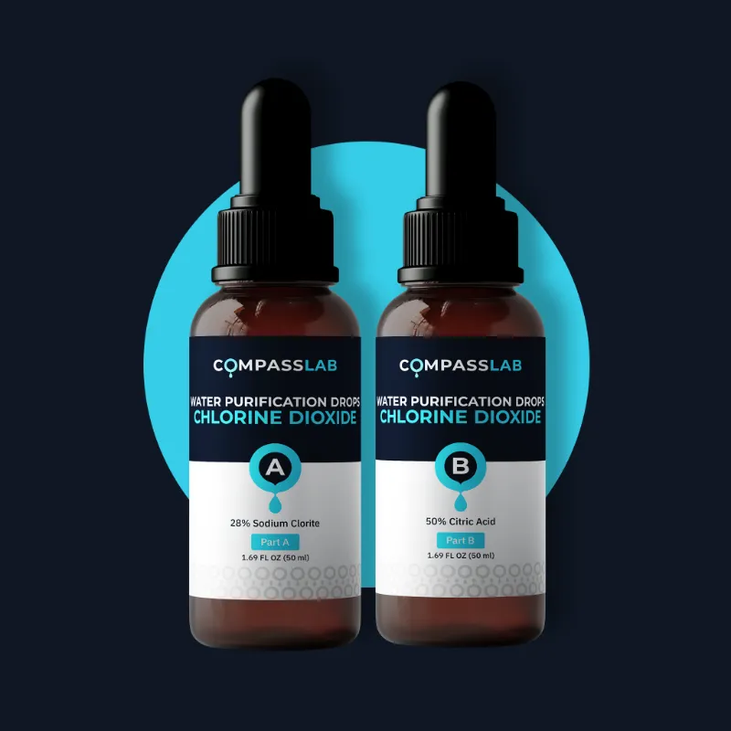 Compass Laboratory Water Purification Kit with two 50 mL bottles of chlorine dioxide solution