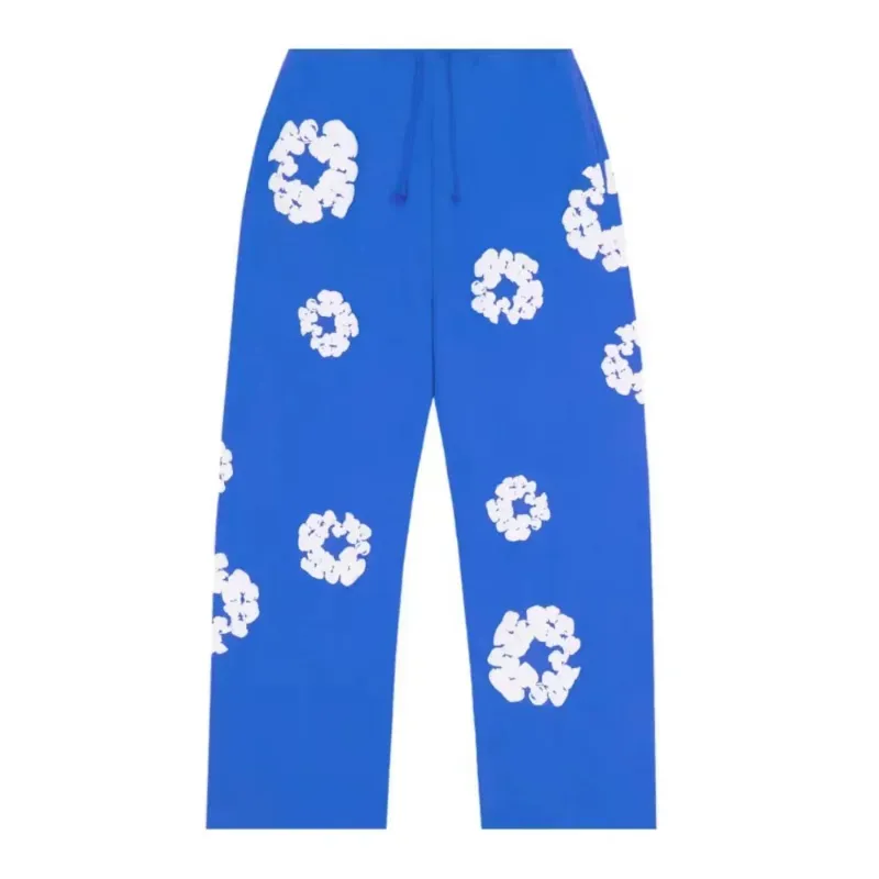 AfewVibe Denim Tears Cotton Wreath Baggy Sweatpants Blue, blue sweatpants with white wreath print