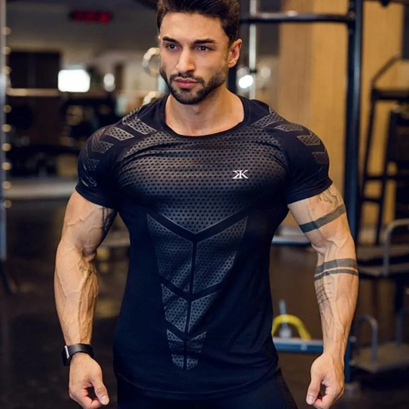 PUPU Sports Men's Compression T-Shirt Slim Fit Quick Dry Workout Athletic Tee on model