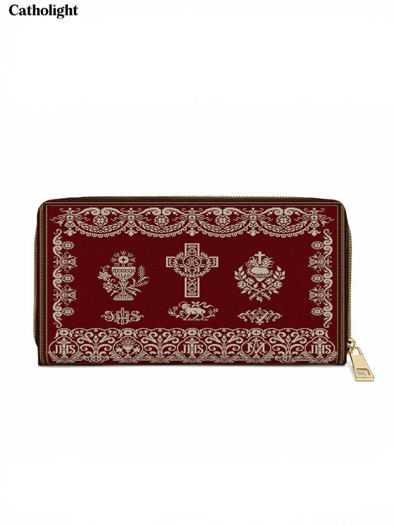 Catholight Liturgical Elegance Leather Wallet Purse with golden cross on crimson