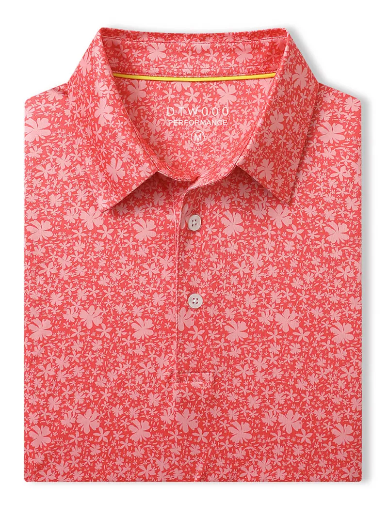 DTWOOO Men's Print Performance Polo in Watermelon Petal Step pattern, front view
