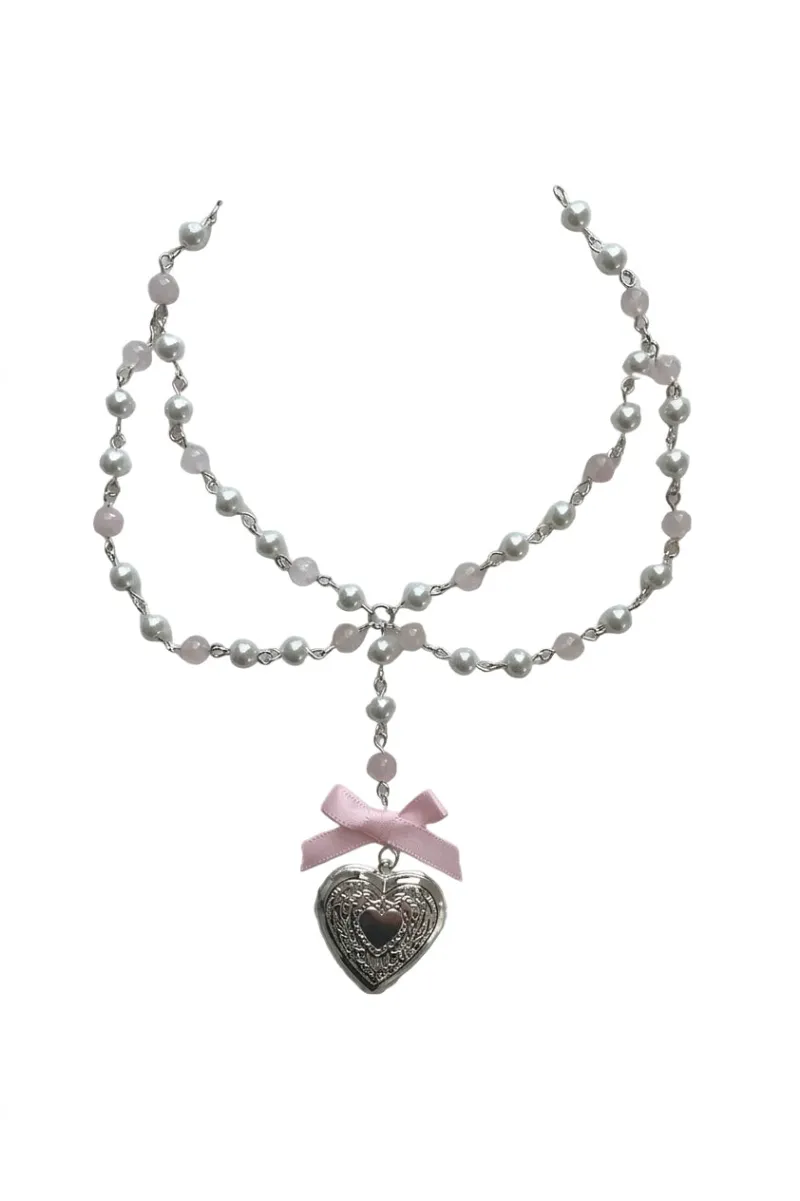 Cottagecore Clothes Ethereal Rose Quartz Heart Locket Necklace with pearl and rose quartz beads and engraved locket
