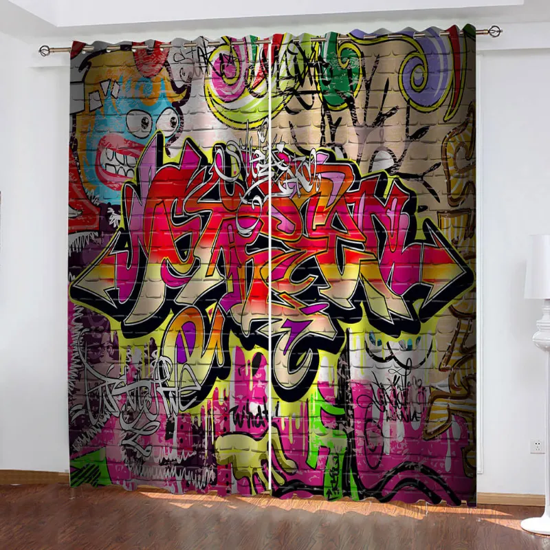 EBuycos 3D Cafe Hip Hop Street Graffiti Curtains Cosplay Blackout Window Drapes, two panels with graffiti pattern and metal grommets