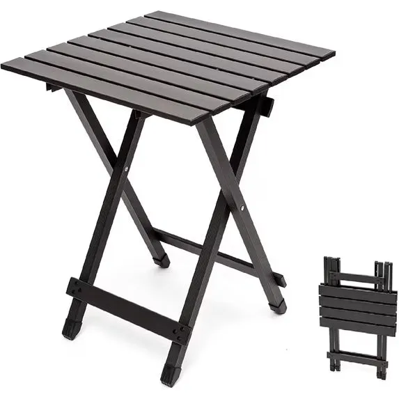 SunnyFeel Outdoor Lightweight Portable Aluminum Folding Camping Table in brown, folded for travel