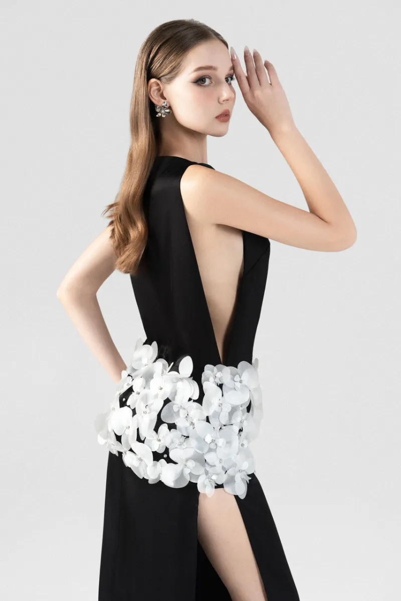 Kalisa Flourish Silk Boat Neck Dress with High Slits and Orchid, front view