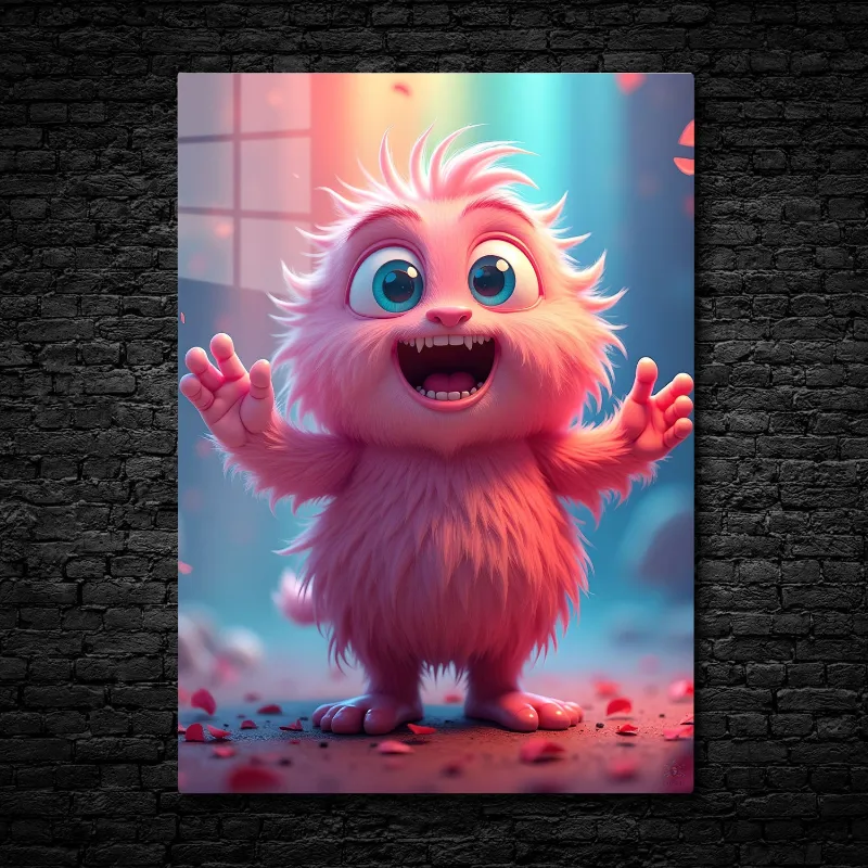 CruArt Fluffy Joy Metal Print showing vibrant pink fluffy creature with wide eyes and floating flower petals