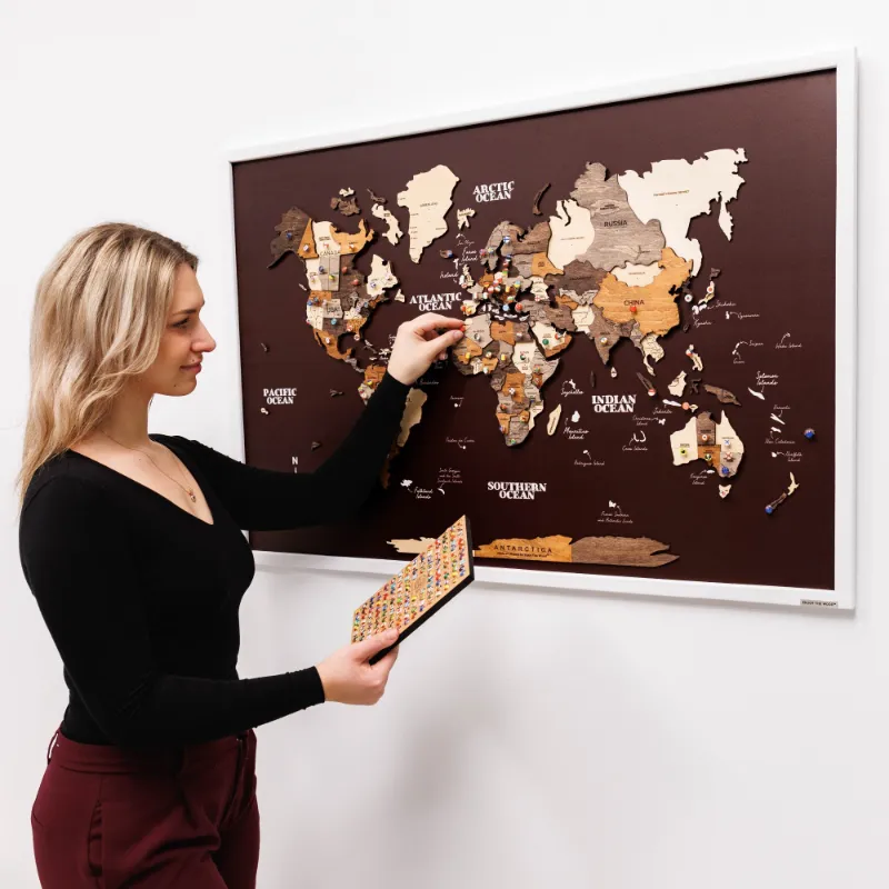 Enjoy The Wood 3D Wooden Map on Board Multicolor Burgundy showing interactive layered design