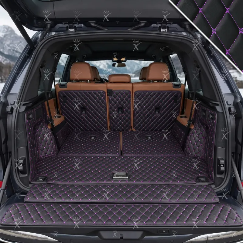 Luxus Car Mats 360Fit Diamond Trunk Mat in black with purple stitching, showing raised-wall cargo coverage