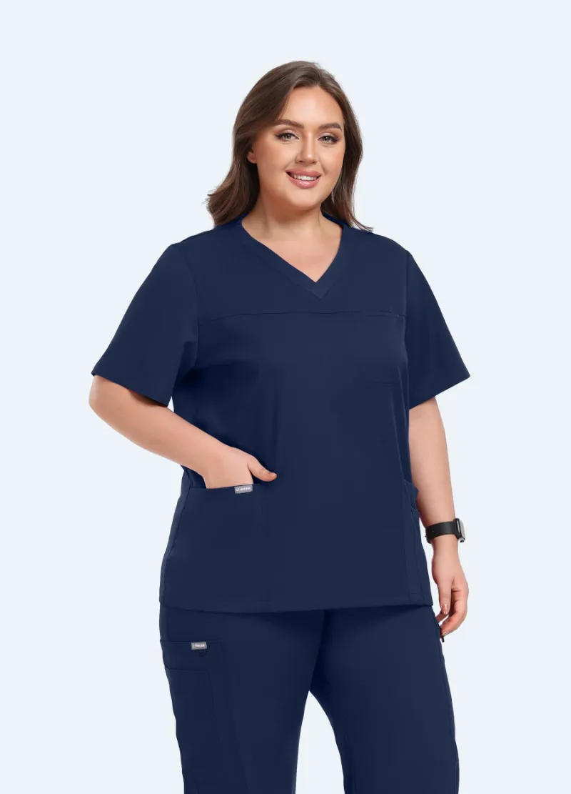 COMENII StyleFlex Plus Size Scrub Top in navy with ribbed neckline