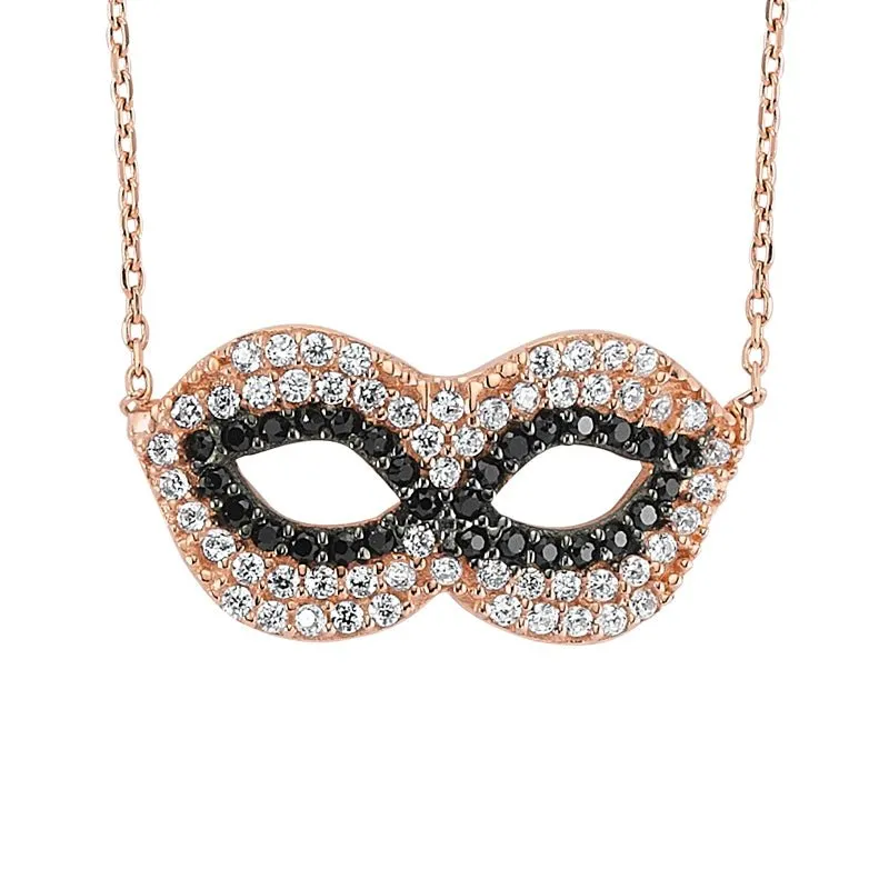 Amorium Jewelry Dainty Silver Masquerade Mask Necklace in Rose Gold, silver pendant with mask charm on chain