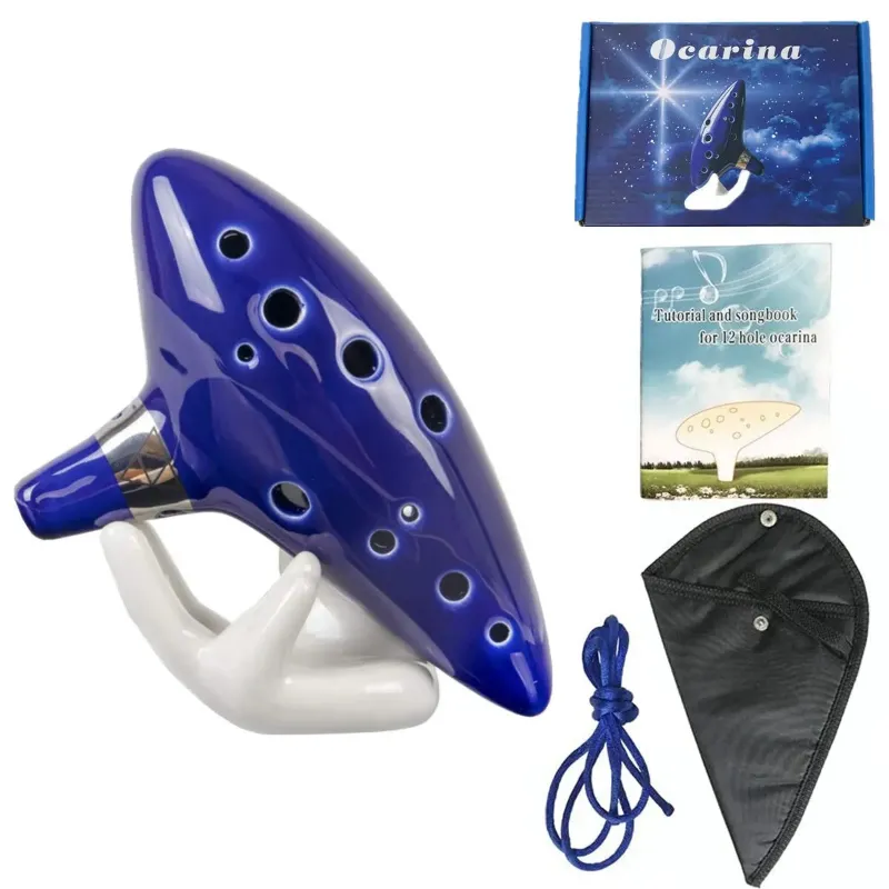 Animeancy 12-Hole Ceramic Ocarina, vibrant blue hand-tuned musical instrument with song book